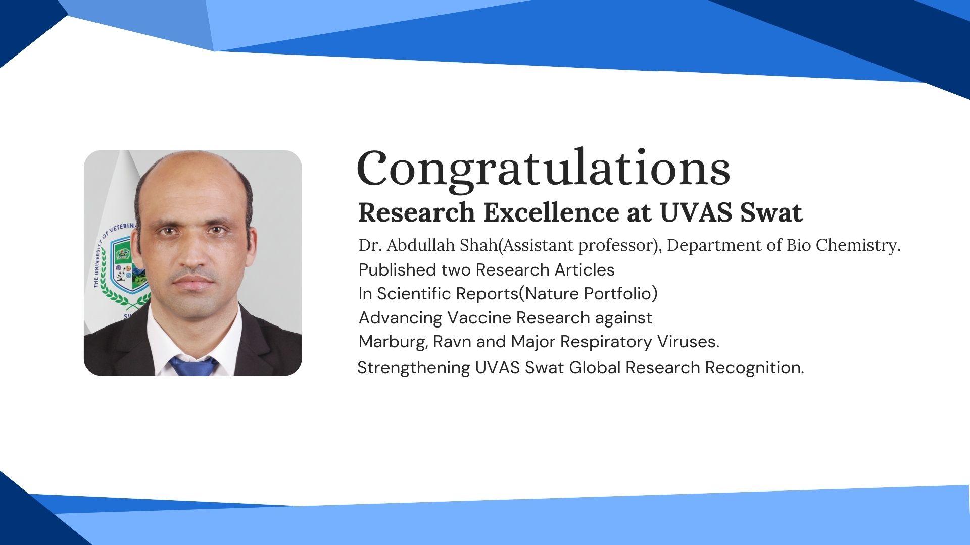 Dr. Abdullah Shah Achieves International Recognition with Dual Publications in Nature Portfolio