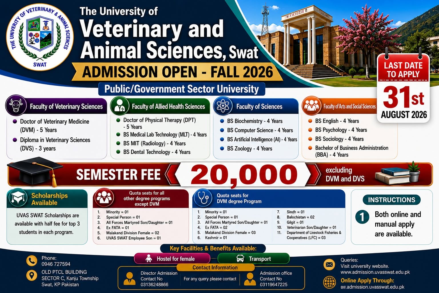 Admission open 2026 - The University of Veterinary & Animal Sciences, Swat.