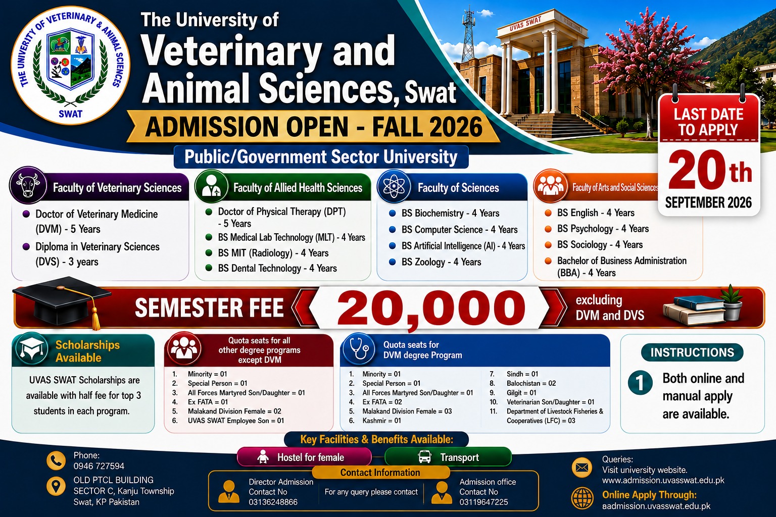 UVAS Admission Deadline Extended for Fall 2026 to 20 September 2026